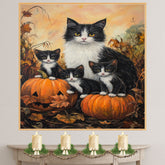 Autumn Whiskers: Tuxedo Cat Mom and Three Kittens with a Pumpkin in a Cozy Fall Setting on Ready to Hang 1.5" Thick Canvas Wrap, Floating Framed Canvas, Flat Rolled Canvas